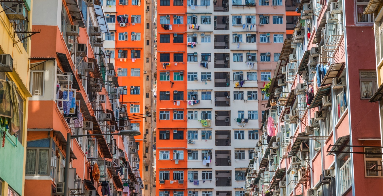 Dense urban environment with colorful apartment buildings